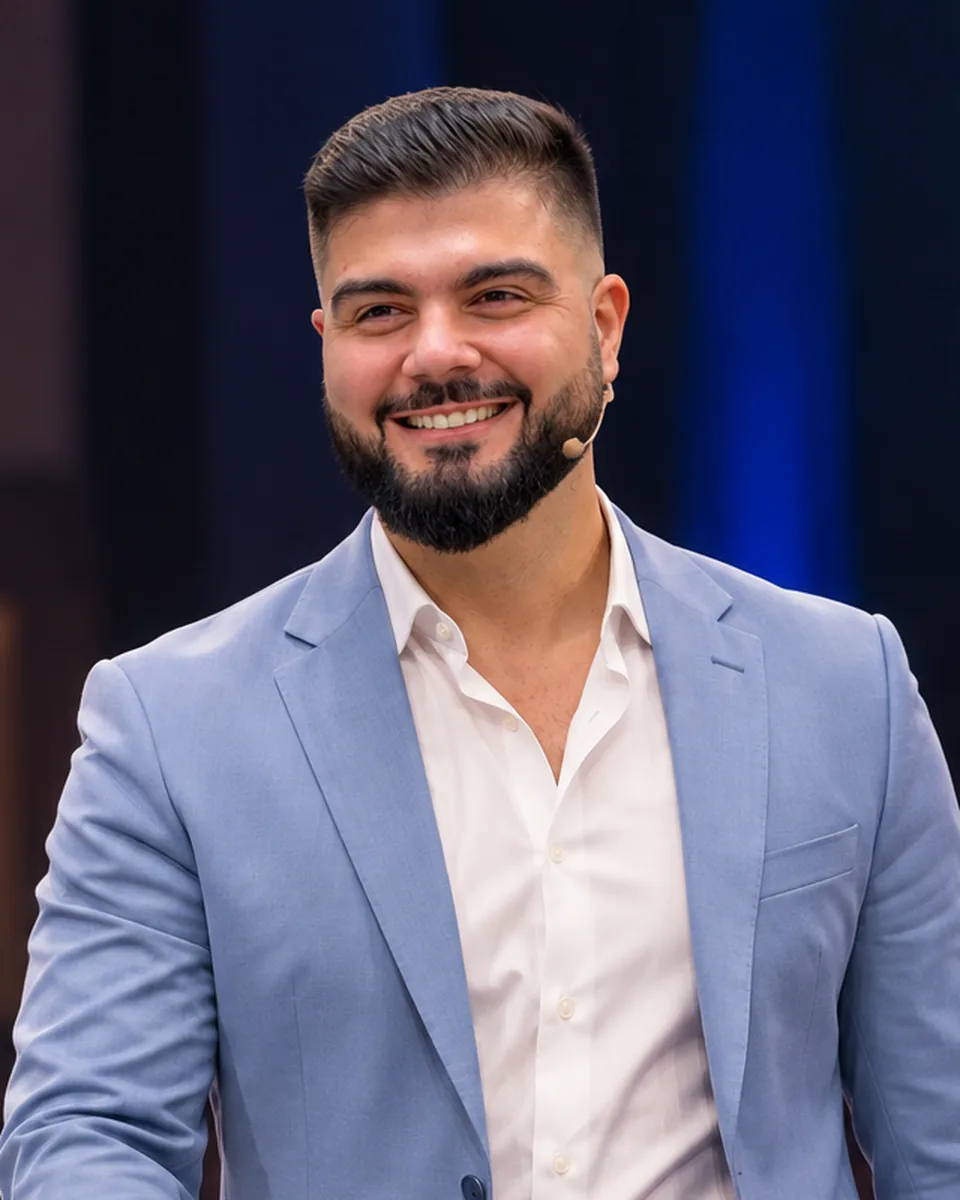 Petrus Lucchesi sorrindo, no palco